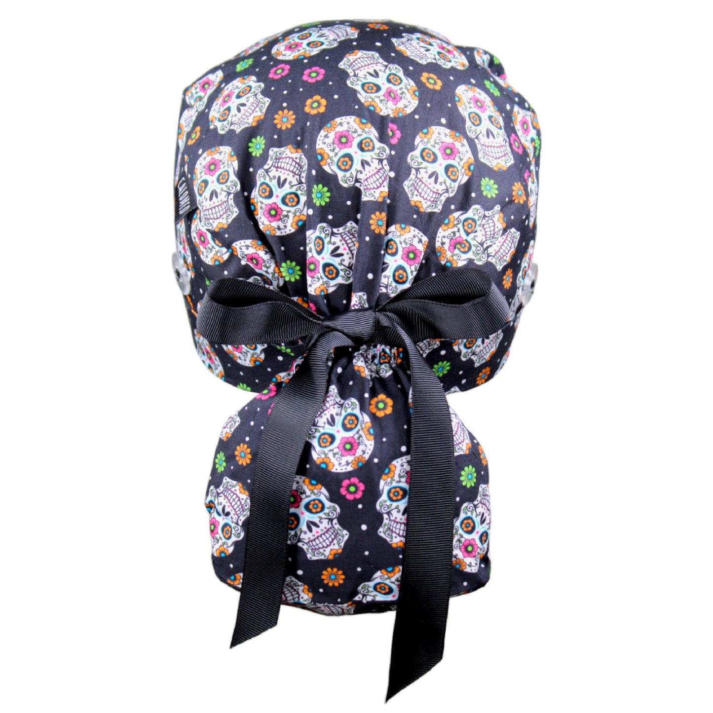 Candy Skulls on Black Ponytail Scrub Cap - 100% Cotton