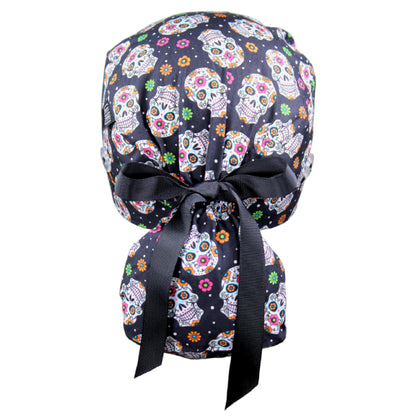 Candy Skulls on Black Ponytail Scrub Cap - 100% Cotton