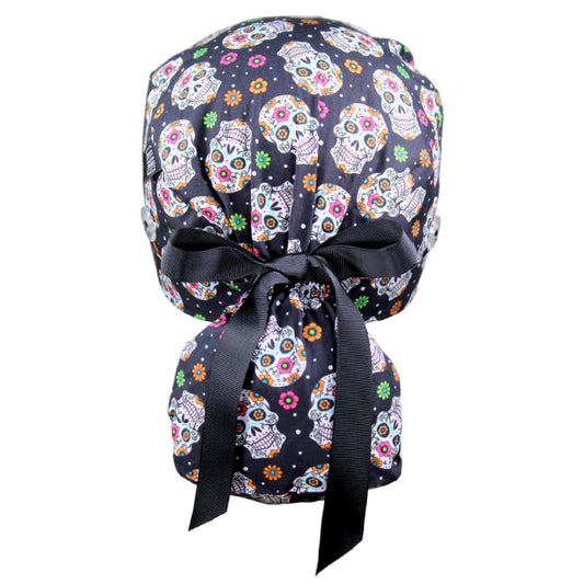 Candy Skulls on Black Ponytail Scrub Cap - 100% Cotton