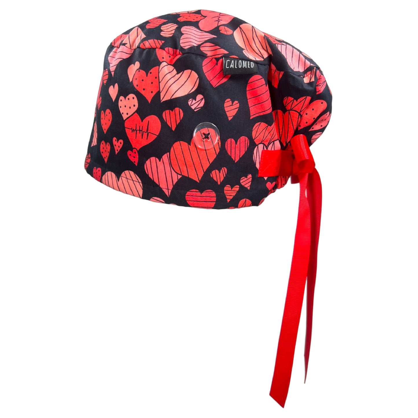 Cardiac Hearts on Black Euro Scrub Cap - 100% Cotton