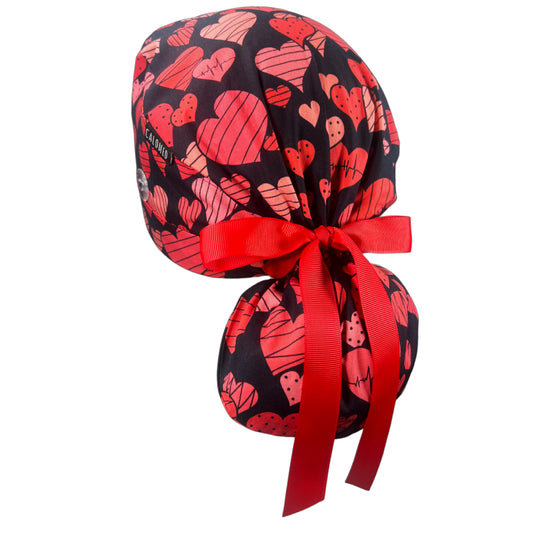 Cardiac Hearts on Black Ponytail Scrub Cap - 100% Cotton