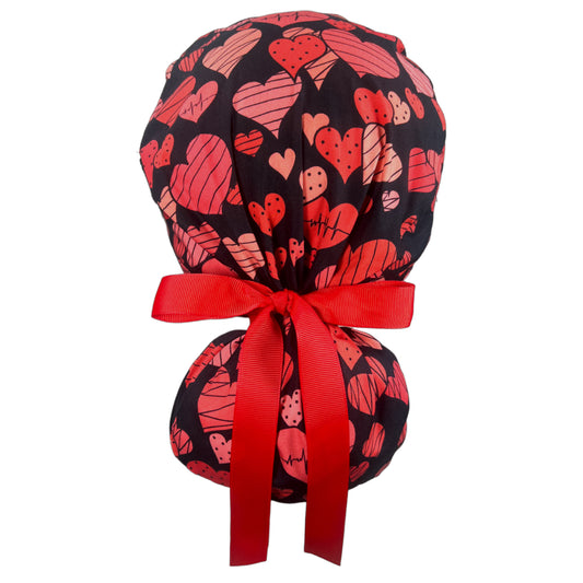 Cardiac Hearts on Black Ponytail Scrub Cap - 100% Cotton