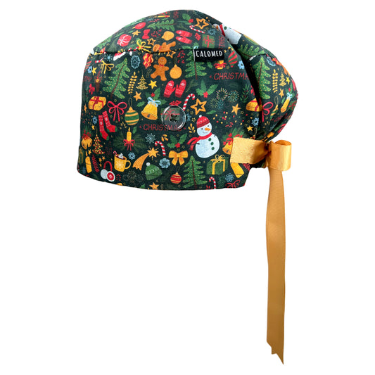 Christmas Illustrations on Dark Green Euro Scrub Cap - 100% Cotton