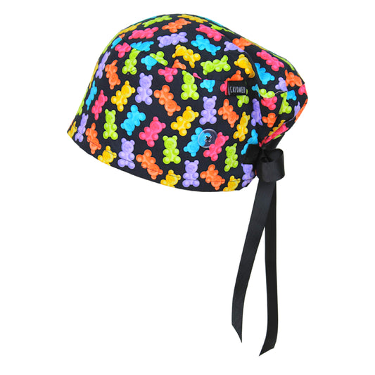 Colorful Candy Bears on Black Euro Scrub Cap - 100% Cotton