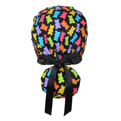 Colorful Candy Bears on Black Ponytail Scrub Cap - 100% Cotton
