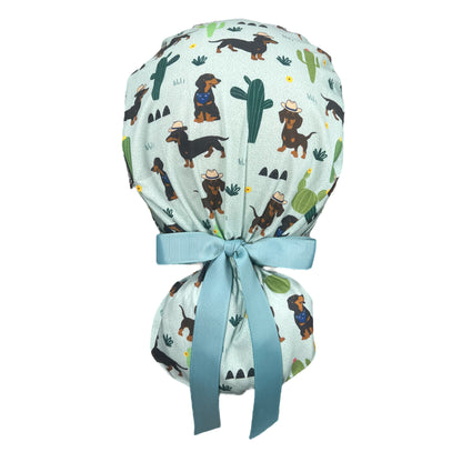 Cowboy Wiener Dogs Ponytail Scrub Cap - 100% Cotton