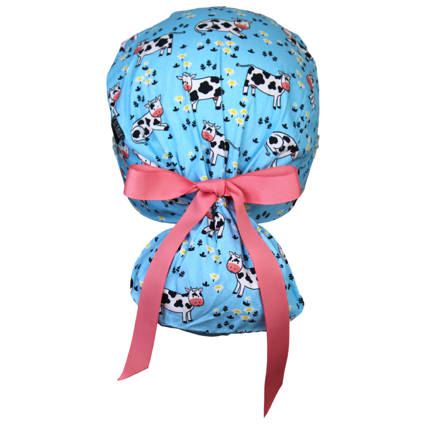 Cows and Flowers on Blue Ponytail Scrub Cap - 100% Cotton