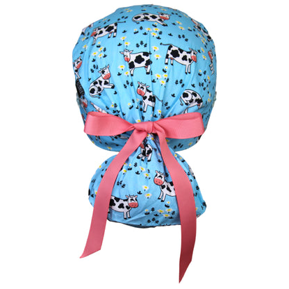 Cows and Flowers on Blue Ponytail Scrub Cap - 100% Cotton