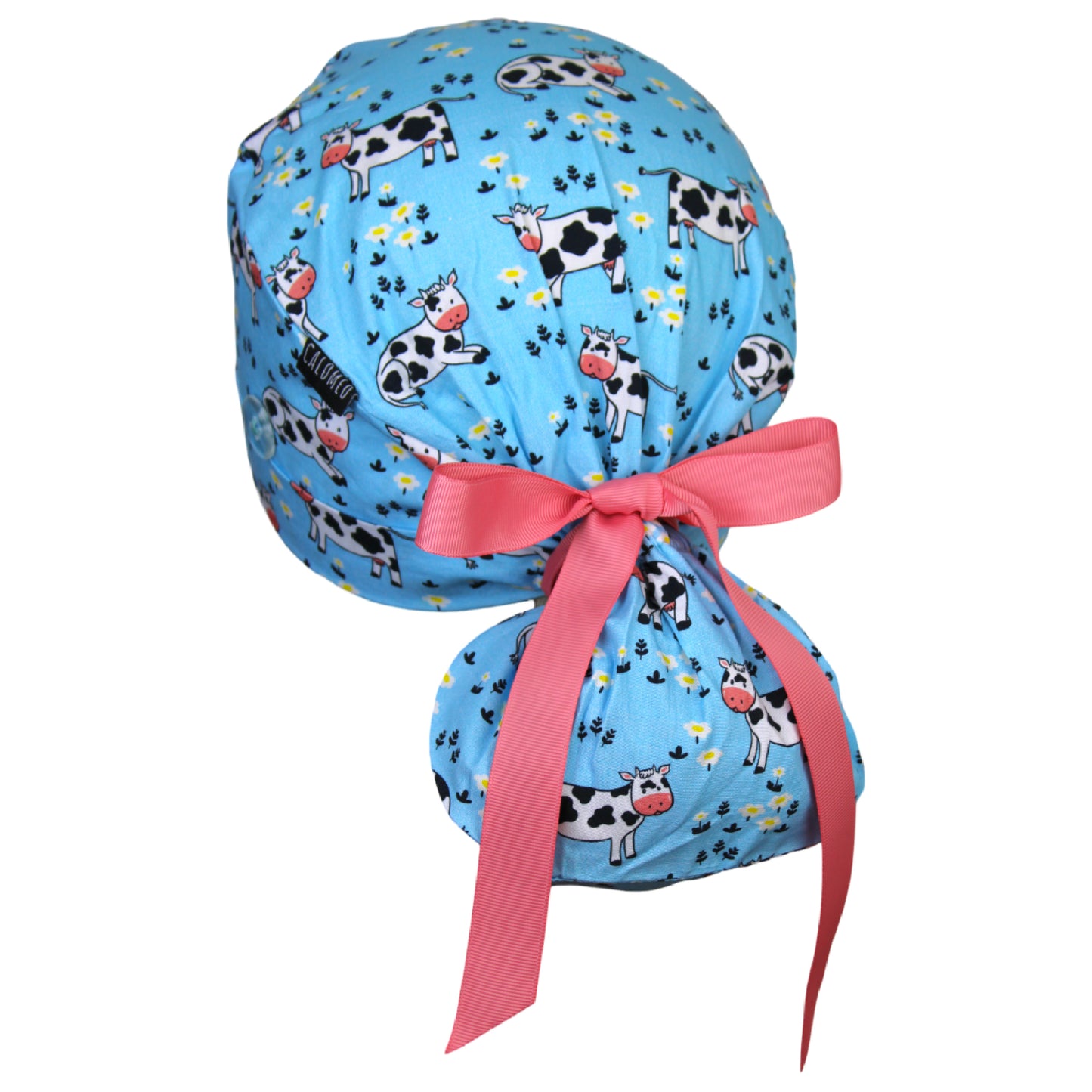 Cows and Flowers on Blue Ponytail Scrub Cap - 100% Cotton