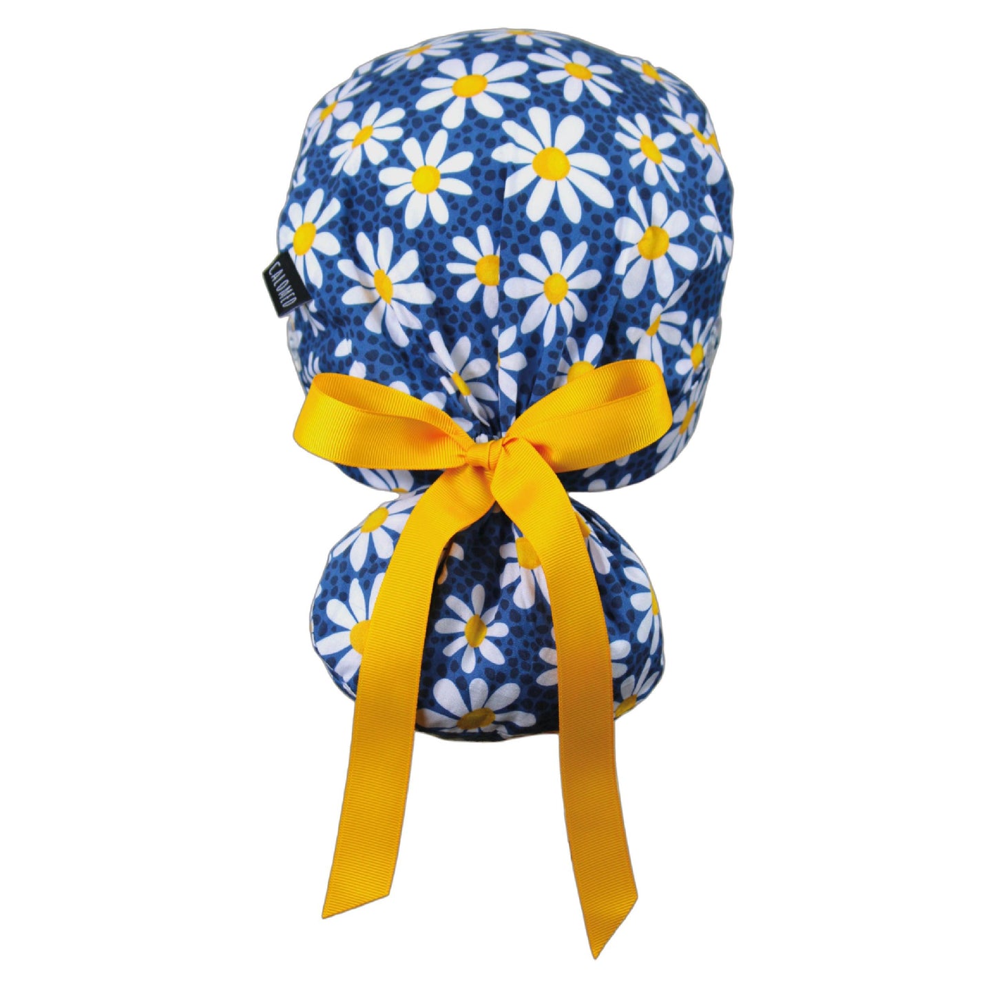 Daisies on Navy Blue Ponytail Scrub Cap