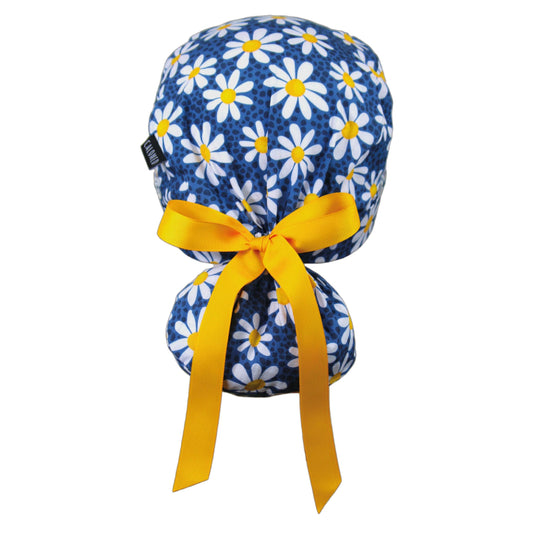 Daisies on Navy Blue Ponytail Scrub Cap - 100% Cotton