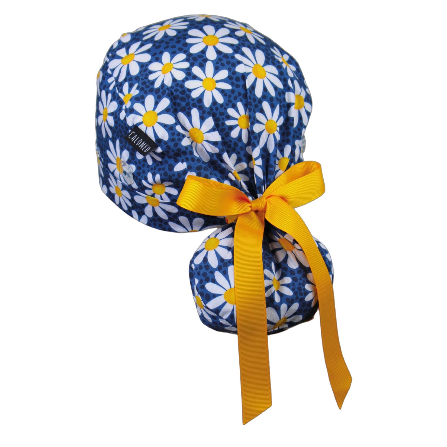 Daisies on Navy Blue Ponytail Scrub Cap