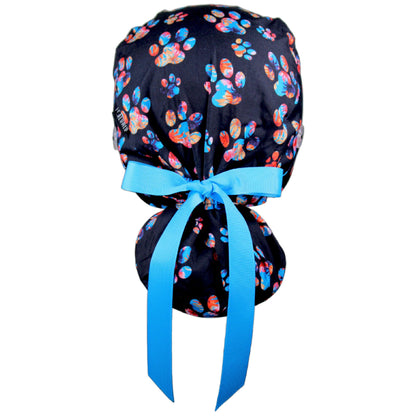 Floral Paw Prints Ponytail Scrub Cap - 100% Cotton