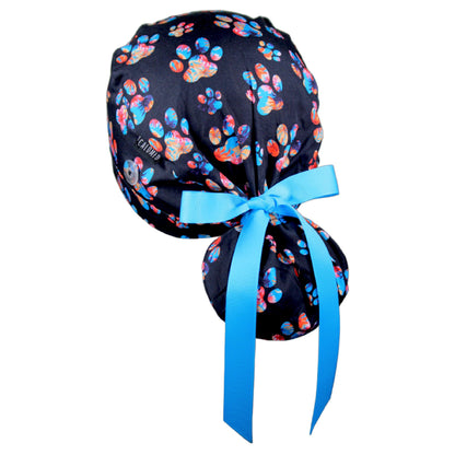 Floral Paw Prints Ponytail Scrub Cap - 100% Cotton