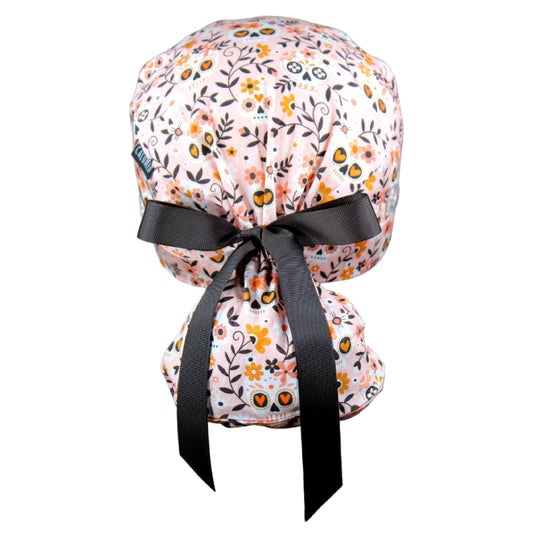 Floral Skulls Ponytail Scrub Cap - 100% Cotton