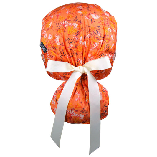 Flowers on Peach Ponytail Scrub Cap - 100% Cotton