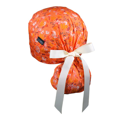 Flowers on Peach Ponytail Scrub Cap - 100% Cotton