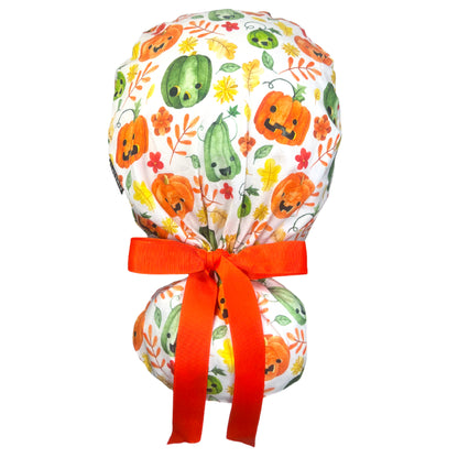 Fun Watercolor Pumpkins and Leaves Ponytail Scrub Cap - 100% Cotton