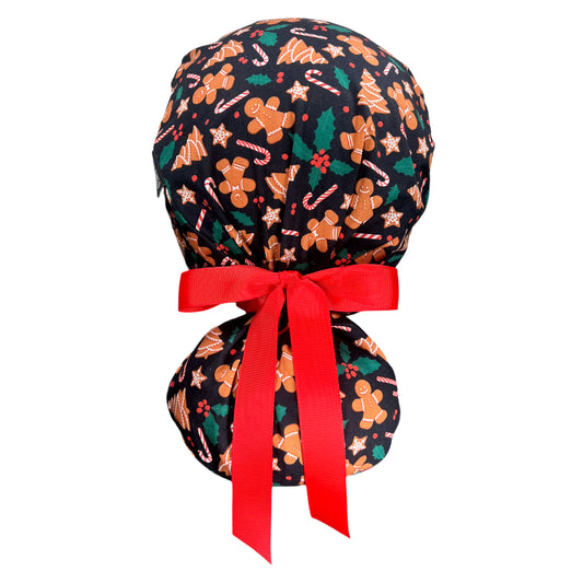 Gingerbread Man Cookies and Candy Canes on Black Ponytail Scrub Cap - 100% Cotton