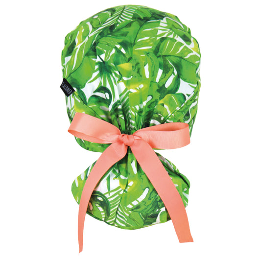 Green Tropical Leaves Ponytail Scrub Cap - 100% Cotton