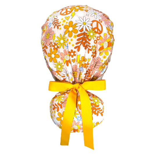 Groovy Peace Flower Power Ponytail Scrub Cap - 100% Cotton