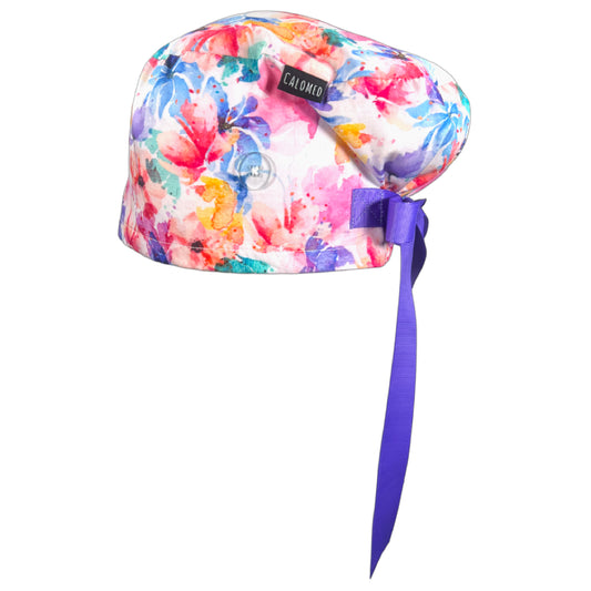 Large Bright Watercolor Flowers Euro Scrub Cap - 100% Cotton