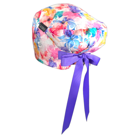 Large Bright Watercolor Flowers Euro Scrub Cap - 100% Cotton