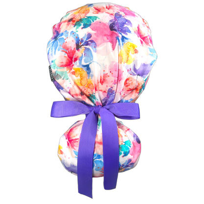 Large Bright Watercolor Flowers Ponytail Scrub Cap