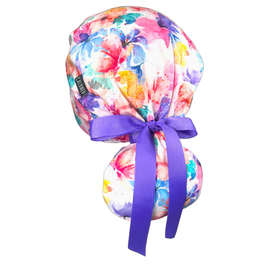 Large Bright Watercolor Flowers Ponytail Scrub Cap - 100% Cotton