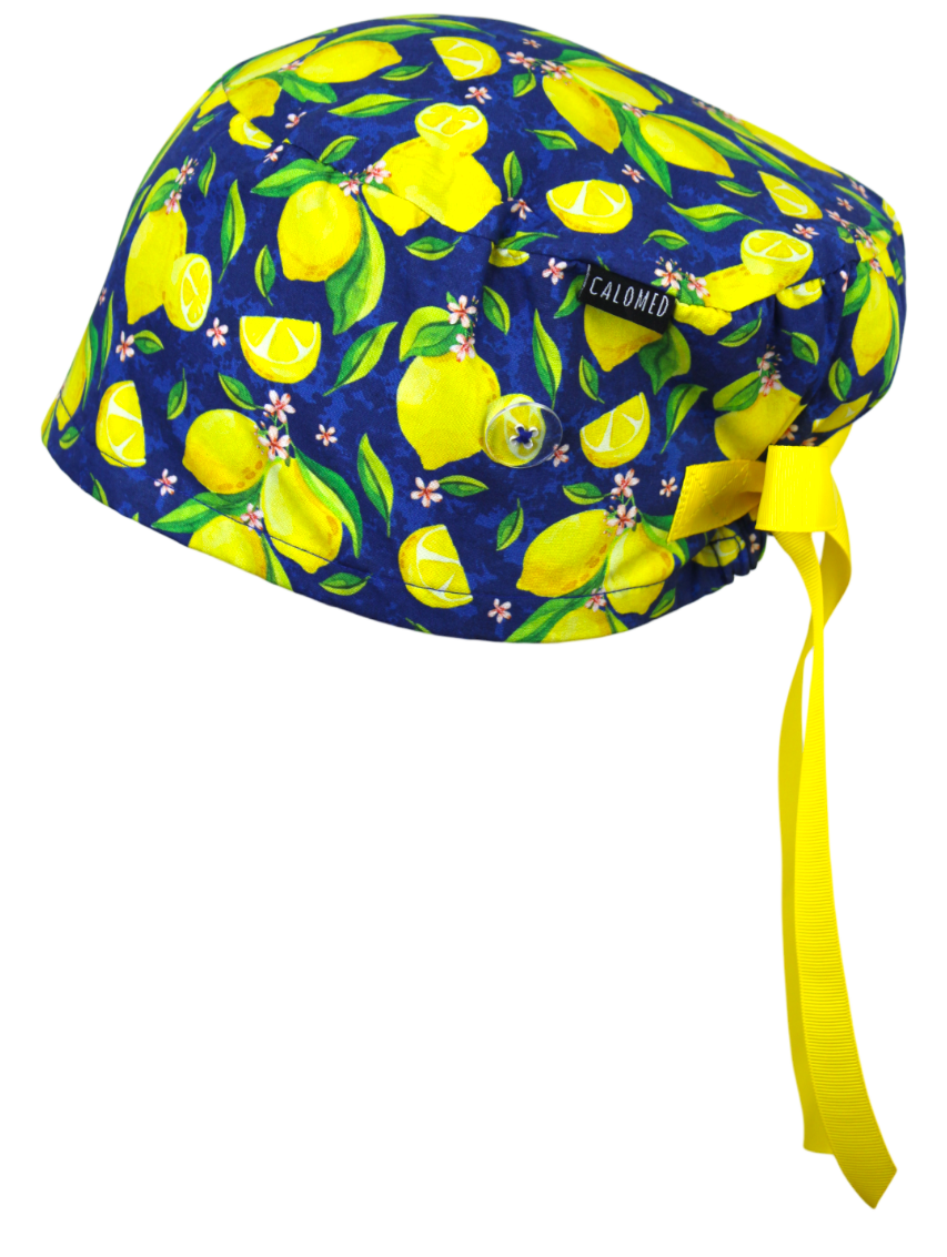 Lemons and Flowers on Blue Euro Scrub Cap - 100% Cotton