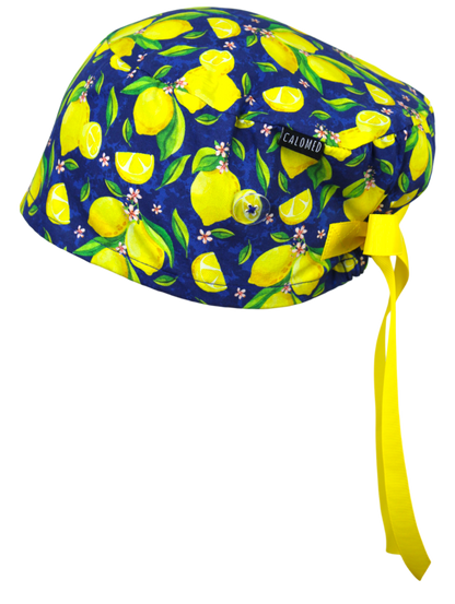 Lemons and Flowers on Blue Euro Scrub Cap - 100% Cotton
