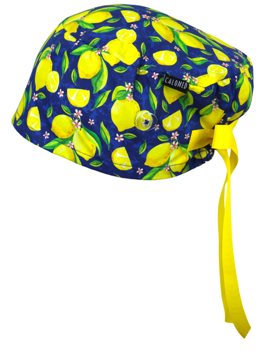 Lemons and Flowers on Blue Euro Scrub Cap - 100% Cotton