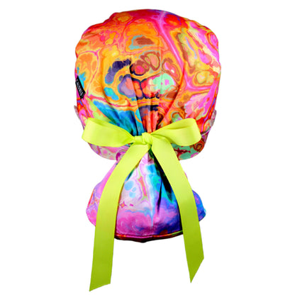 Multicolored Oil Spill Ponytail Scrub Cap - 100% Cotton