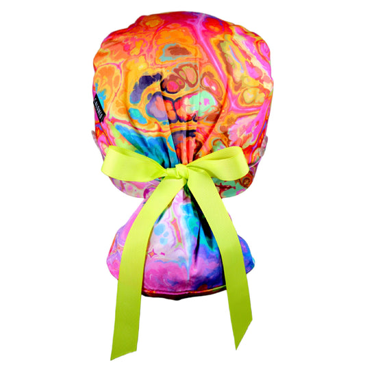 Multicolored Oil Spill Ponytail Scrub Cap - 100% Cotton