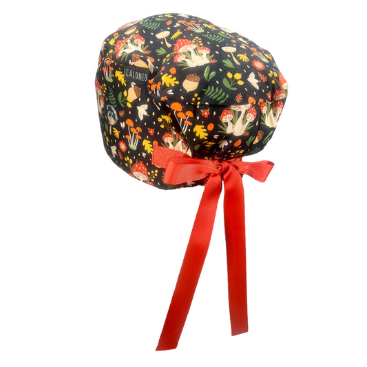 Mushrooms and Leaves on Black Euro Scrub Cap - 100% Cotton