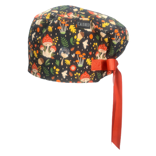 Mushrooms and Leaves on Black Euro Scrub Cap - 100% Cotton