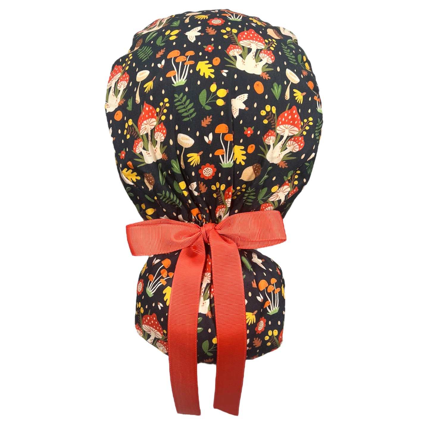 Mushrooms and Leaves on Black Ponytail Scrub Cap