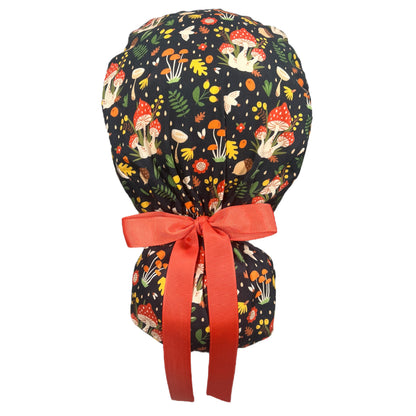 Mushrooms and Leaves on Black Ponytail Scrub Cap