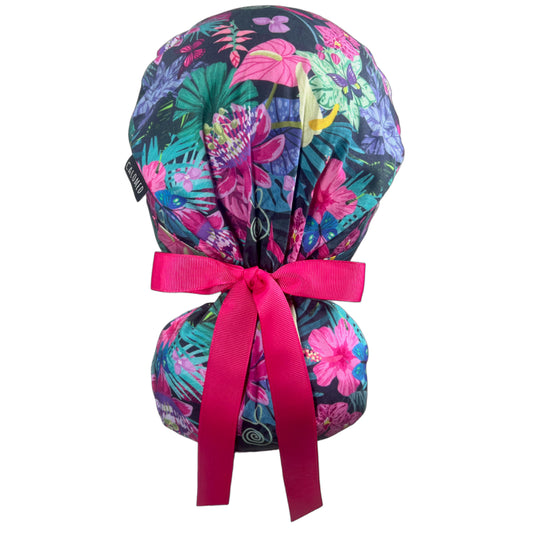 Passion Flowers Ponytail Scrub Cap - 100% Cotton