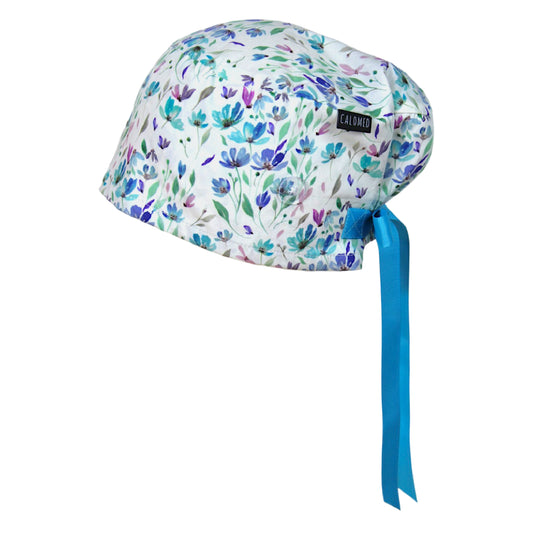 Pastel Blue Floral Stems on Ivory Euro Scrub Cap - 100% Cotton