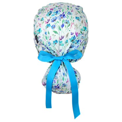Pastel Blue Floral Stems on Ivory Ponytail Scrub Cap - 100% Cotton