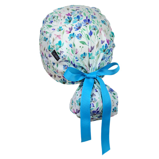 Pastel Blue Floral Stems on Ivory Ponytail Scrub Cap - 100% Cotton