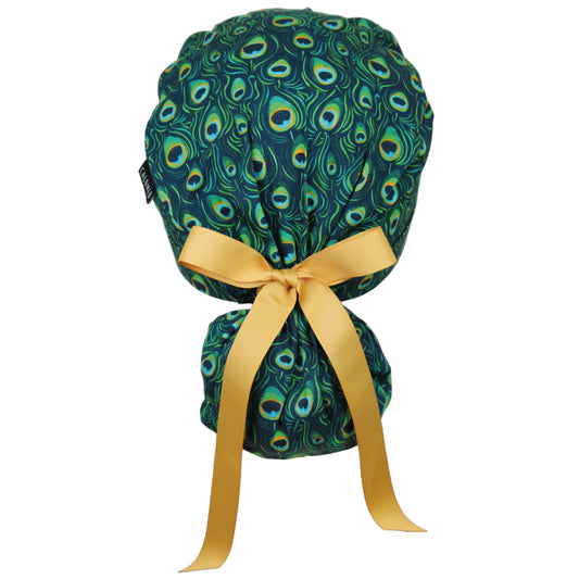 Peacock Feathers Ponytail Scrub Cap - 100% Cotton