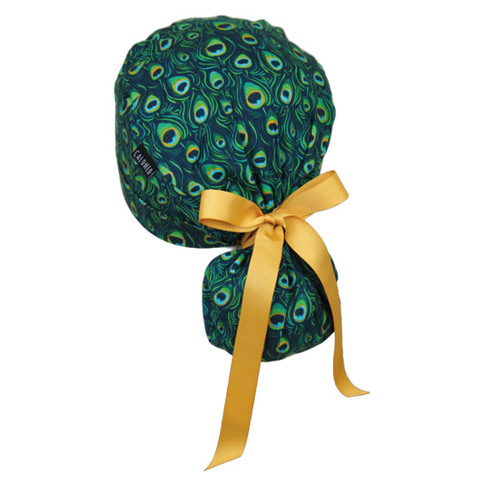 Peacock Feathers Ponytail Scrub Cap - 100% Cotton