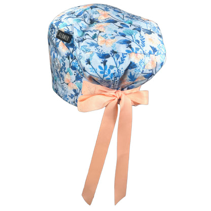 Pink Butterflies on Floral Blue Euro Scrub Cap - 100% Cotton