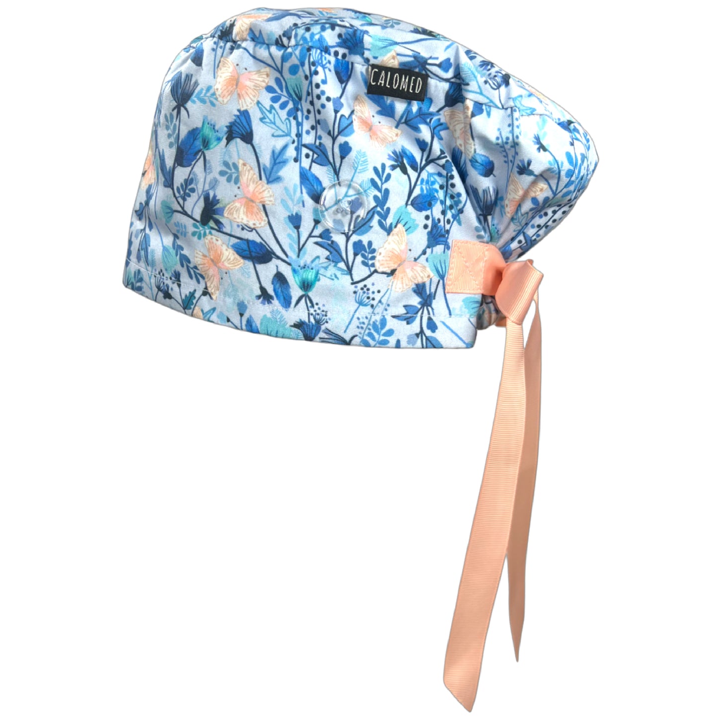 Pink Butterflies on Floral Blue Euro Scrub Cap - 100% Cotton