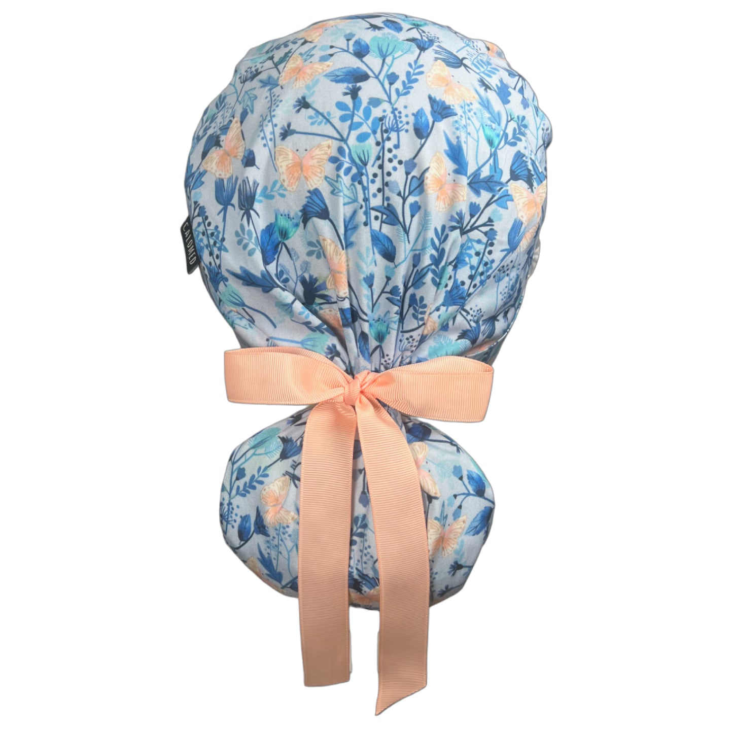 Pink Butterflies on Floral Blue Ponytail Scrub Cap - 100% Cotton