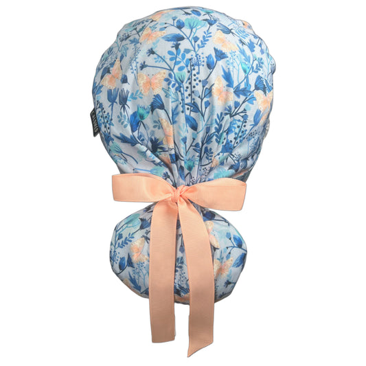 Pink Butterflies on Floral Blue Ponytail Scrub Cap - 100% Cotton
