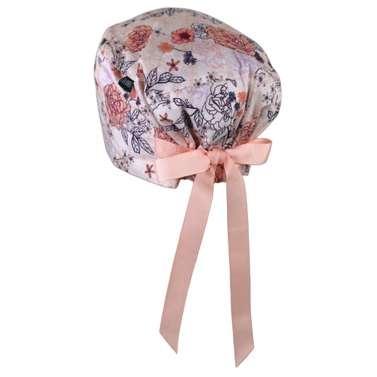 Pink Outlined Flowers Euro Scrub Cap - 100% Cotton