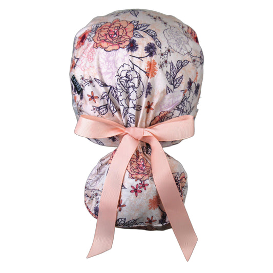 Pink Outlined Flowers Ponytail Scrub Cap - 100% Cotton